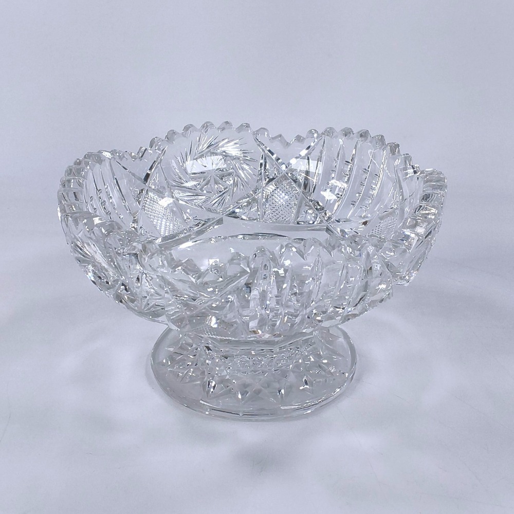 Vtg American Cut Glass Pedestal Bowl Pinwheel Starburst Sawtooth Footed Crystal